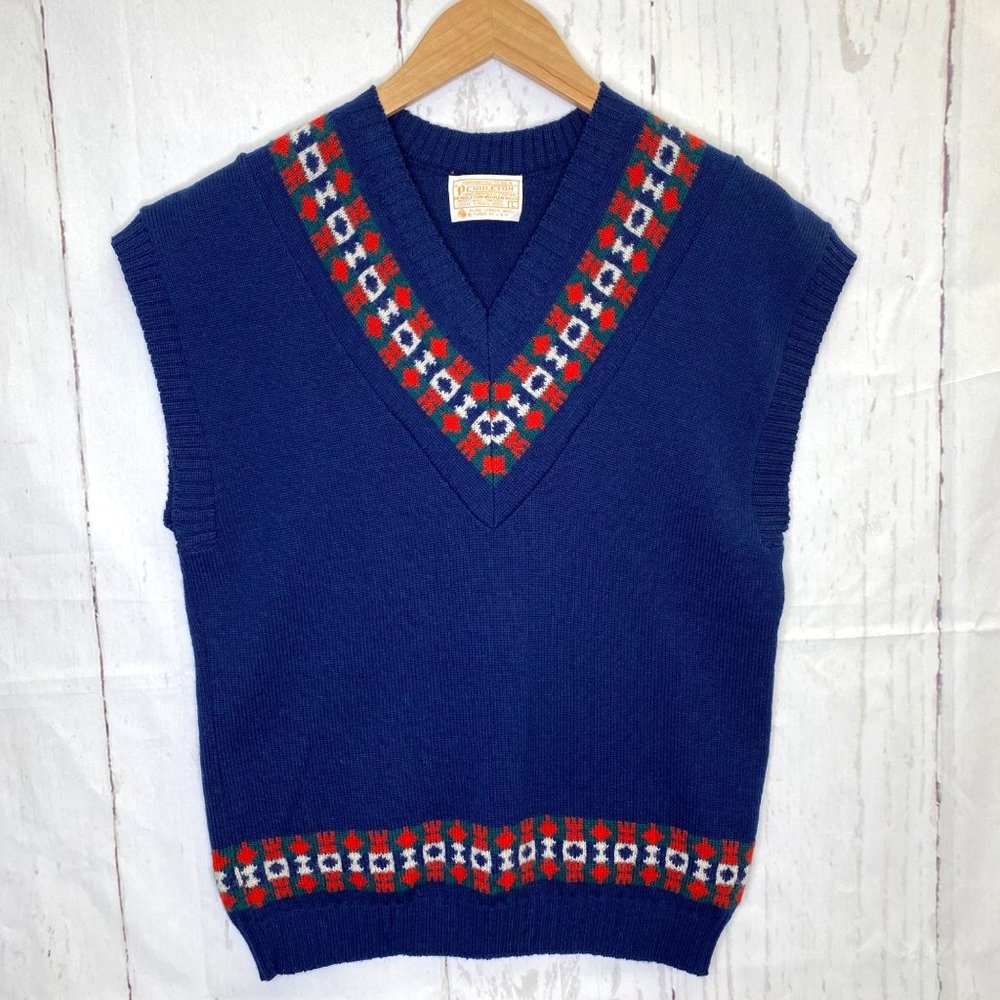 Vintage 70s Pendleton V Neck Pullover Knit Sweater Vest Size L Navy 100% Wool